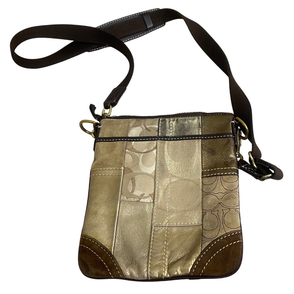 Coach Patchwork Crossbody Bag Gold Bronze Metallic Leather Suede Swingpack